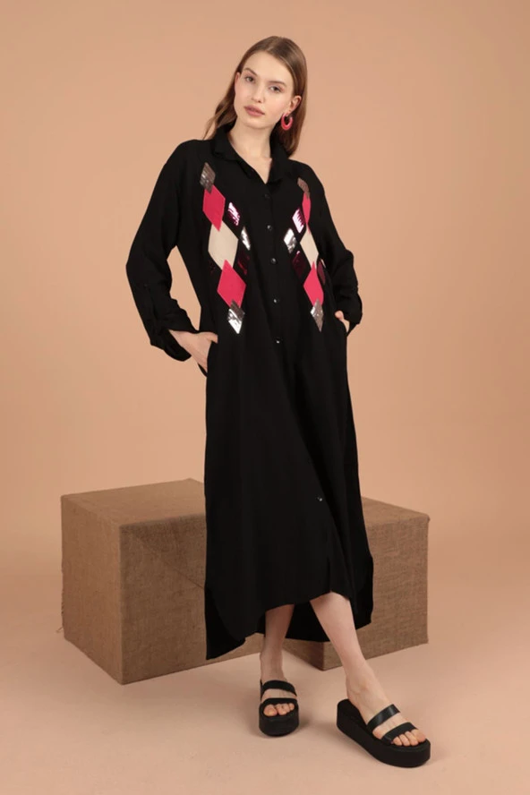 Pulpayet Nakış Detaylı Gömlek Yakalı Uzun Kollu ve Viskon Kumaşlı Kadın Elbise Siyah Yaz / Bahar