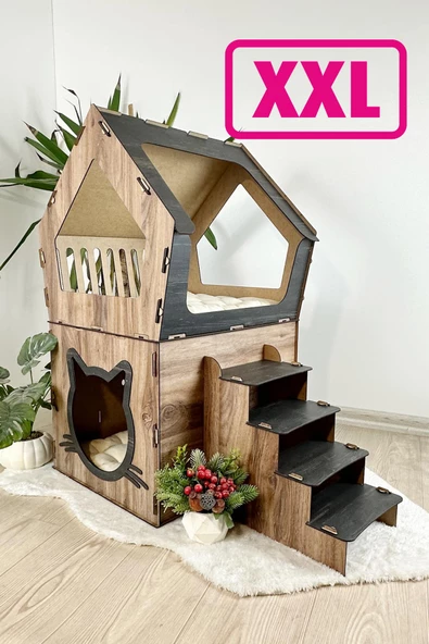 Mavitrend Ahşap Büyük Kedi Evi XXL Açık Teraslı Model 5 Kg Üstü Kediler İçin Kahve- Siyah Renk - 2