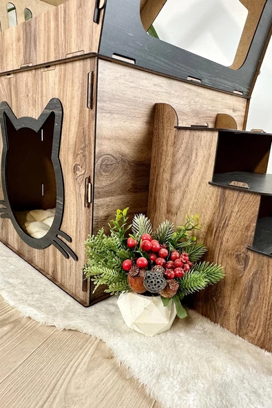 Mavitrend Ahşap Büyük Kedi Evi XXL Açık Teraslı Model 5 Kg Üstü Kediler İçin Kahve- Siyah Renk - 6