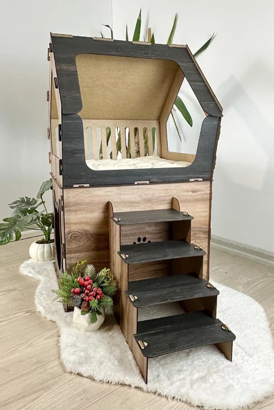 Mavitrend Ahşap Büyük Kedi Evi XXL Açık Teraslı Model 5 Kg Üstü Kediler İçin Kahve- Siyah Renk - 5