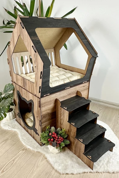 Mavitrend Ahşap Büyük Kedi Evi XXL Açık Teraslı Model 5 Kg Üstü Kediler İçin Kahve- Siyah Renk - 4