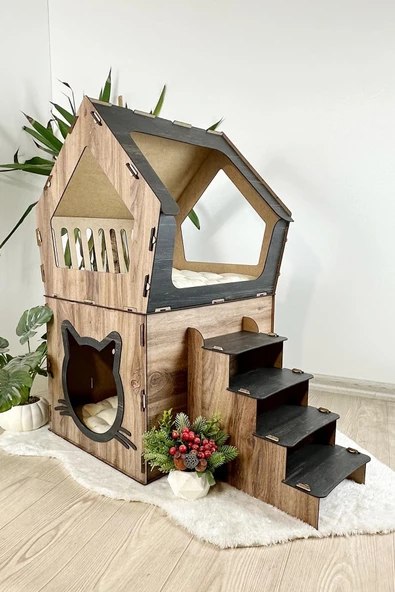 Mavitrend Ahşap Büyük Kedi Evi XXL Açık Teraslı Model 5 Kg Üstü Kediler İçin Kahve- Siyah Renk