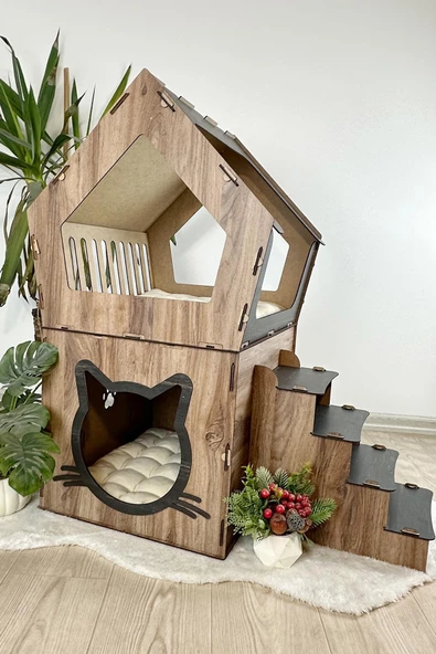 Mavitrend Ahşap Büyük Kedi Evi XXL Açık Teraslı Model 5 Kg Üstü Kediler İçin Kahve- Siyah Renk - 3