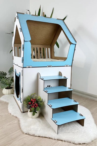 Mavitrend Ahşap Büyük Kedi Evi XXL Açık Teraslı Model 5 Kg Üstü Kediler İçin Mavi - Beyaz Renk - 3