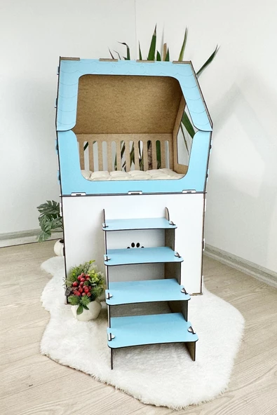 Mavitrend Ahşap Büyük Kedi Evi XXL Açık Teraslı Model 5 Kg Üstü Kediler İçin Mavi - Beyaz Renk - 6