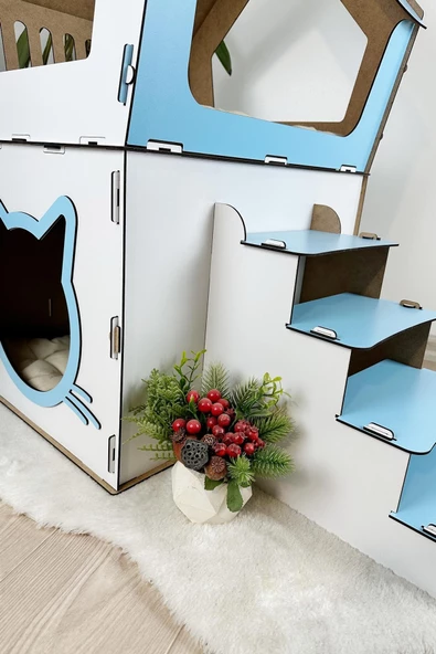 Mavitrend Ahşap Büyük Kedi Evi XXL Açık Teraslı Model 5 Kg Üstü Kediler İçin Mavi - Beyaz Renk - 7