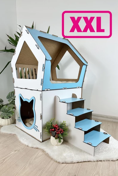 Mavitrend Ahşap Büyük Kedi Evi XXL Açık Teraslı Model 5 Kg Üstü Kediler İçin Mavi - Beyaz Renk - 2