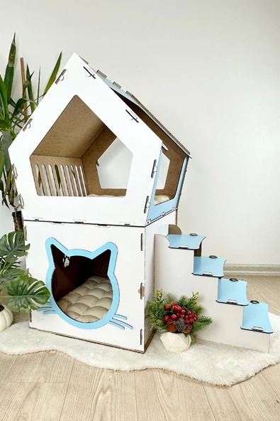 Mavitrend Ahşap Büyük Kedi Evi XXL Açık Teraslı Model 5 Kg Üstü Kediler İçin Mavi - Beyaz Renk - 4