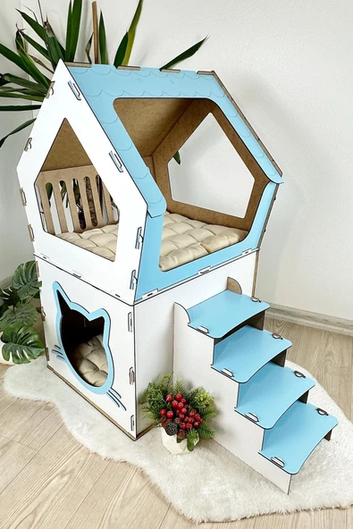 Mavitrend Ahşap Büyük Kedi Evi XXL Açık Teraslı Model 5 Kg Üstü Kediler İçin Mavi - Beyaz Renk - 5