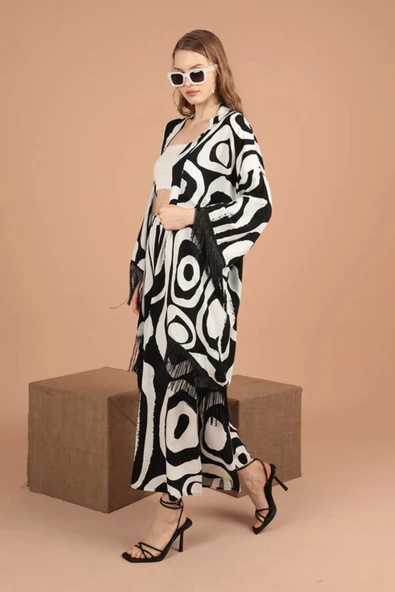 Geometrik Desen Detaylı Uzun Kollu ve Şal Yakalı Viskon Kumaşlı Kadın Takım 2 Parça Siyah Yaz/Bahar - 4