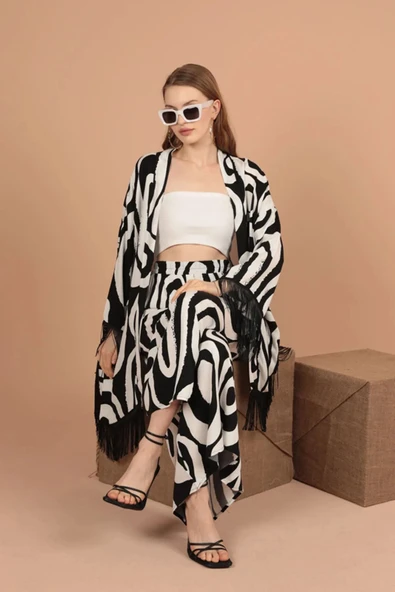 Geometrik Desen Detaylı Uzun Kollu ve Şal Yakalı Viskon Kumaşlı Kadın Takım 2 Parça Siyah Yaz/Bahar - 3