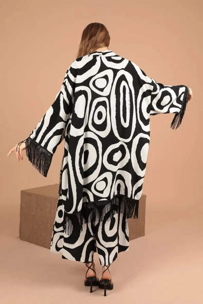 Geometrik Desen Detaylı Uzun Kollu ve Şal Yakalı Viskon Kumaşlı Kadın Takım 2 Parça Siyah Yaz/Bahar - 2