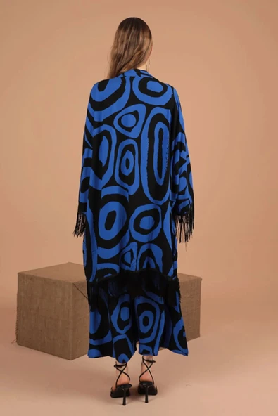 Geometrik Desen Detaylı Uzun Kollu ve Şal Yakalı Viskon Kumaşlı Kadın Takım 2 Parça Saks Yaz /Bahar - 5