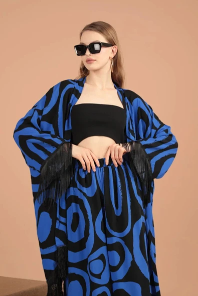 Geometrik Desen Detaylı Uzun Kollu ve Şal Yakalı Viskon Kumaşlı Kadın Takım 2 Parça Saks Yaz /Bahar - 2