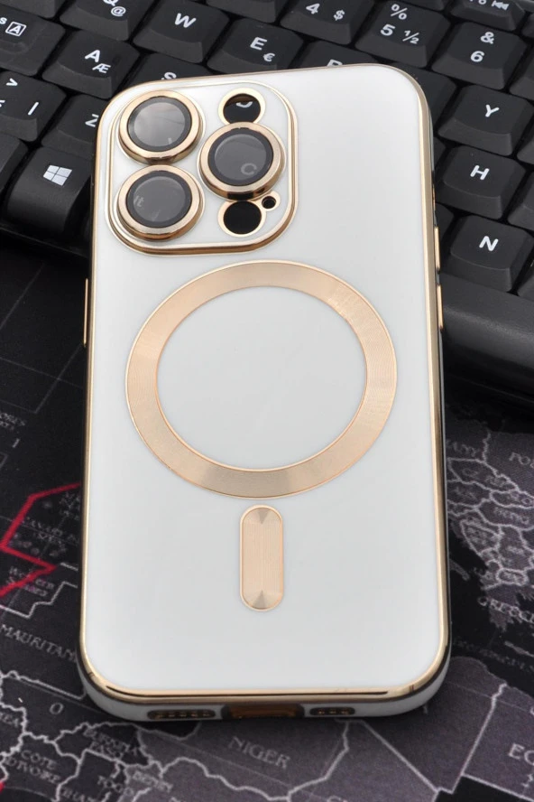 iPhone 14 Pro Max Uyumlu MagSafe Özellikli Lens Korumalı Lazerli Renkli Kılıf Krem