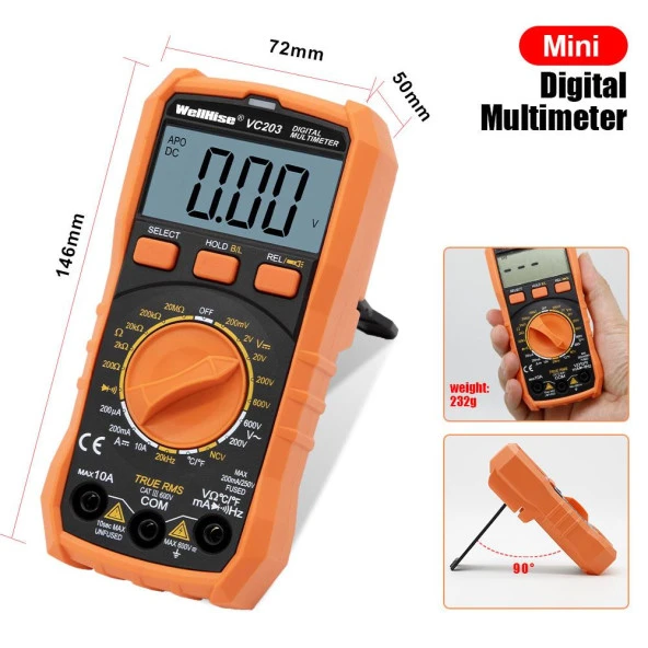 WellHise VC203 Ölçü Aleti Multimetre Avometre NCV Işıklı Ekran El Feneri Isı Ölçer - 4