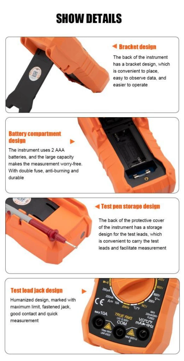 WellHise VC205A Ölçü Aleti Multimetre Avometre NCV Işıklı Ekran Isı Ölçer El Feneri - 8