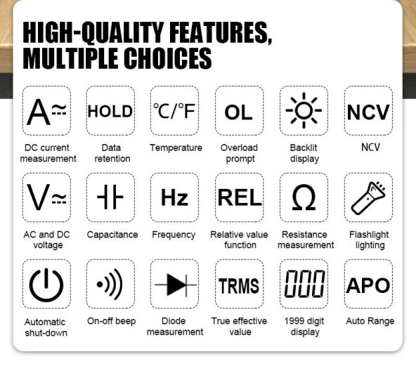 WellHise VC205A Ölçü Aleti Multimetre Avometre NCV Işıklı Ekran Isı Ölçer El Feneri - 10