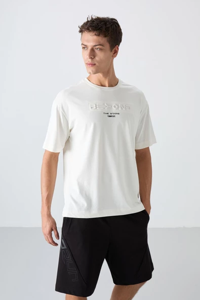 Ekru Pamuklu Kalın Yumuşak Dokulu Oversize Fit Baskılı Erkek T-Shirt - 88328 - 3