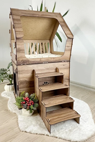 Mavitrend Ahşap Büyük Kedi Evi XXL Açık Teraslı Model 5 Kg Üstü Kediler İçin Kahverengi Renk - 5