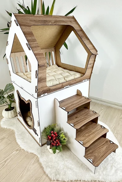 Mavitrend Ahşap Büyük Kedi Evi XXL Açık Teraslı Model 5 Kg Üstü Kediler İçin Kahve- Beyaz Renk - 5