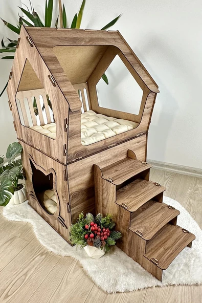 Mavitrend Ahşap Büyük Kedi Evi XXL Açık Teraslı Model 5 Kg Üstü Kediler İçin Kahverengi Renk - 4