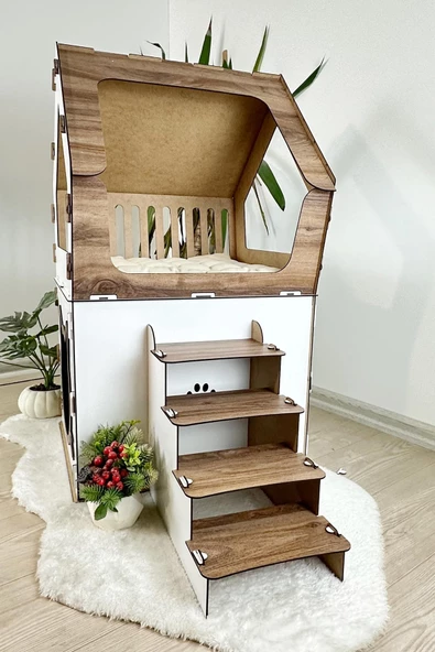 Mavitrend Ahşap Büyük Kedi Evi XXL Açık Teraslı Model 5 Kg Üstü Kediler İçin Kahve- Beyaz Renk - 6