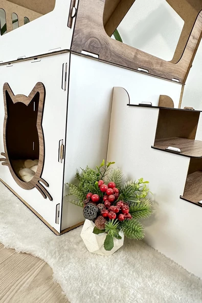 Mavitrend Ahşap Büyük Kedi Evi XXL Açık Teraslı Model 5 Kg Üstü Kediler İçin Kahve- Beyaz Renk - 7