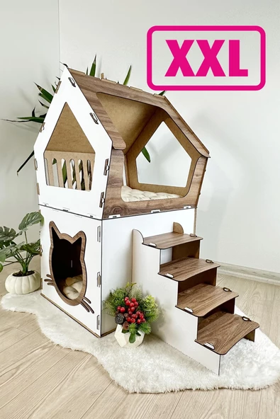 Mavitrend Ahşap Büyük Kedi Evi XXL Açık Teraslı Model 5 Kg Üstü Kediler İçin Kahve- Beyaz Renk - 2
