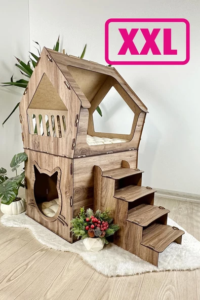 Mavitrend Ahşap Büyük Kedi Evi XXL Açık Teraslı Model 5 Kg Üstü Kediler İçin Kahverengi Renk - 2