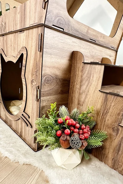 Mavitrend Ahşap Büyük Kedi Evi XXL Açık Teraslı Model 5 Kg Üstü Kediler İçin Kahverengi Renk - 6