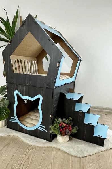 Mavitrend Ahşap Büyük Kedi Evi XXL Açık Teraslı Model 5 Kg Üstü Kediler İçin Mavi - Siyah Renk - 3