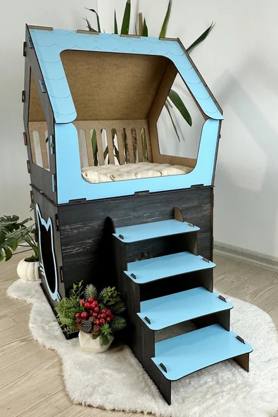 Mavitrend Ahşap Büyük Kedi Evi XXL Açık Teraslı Model 5 Kg Üstü Kediler İçin Mavi - Siyah Renk - 5