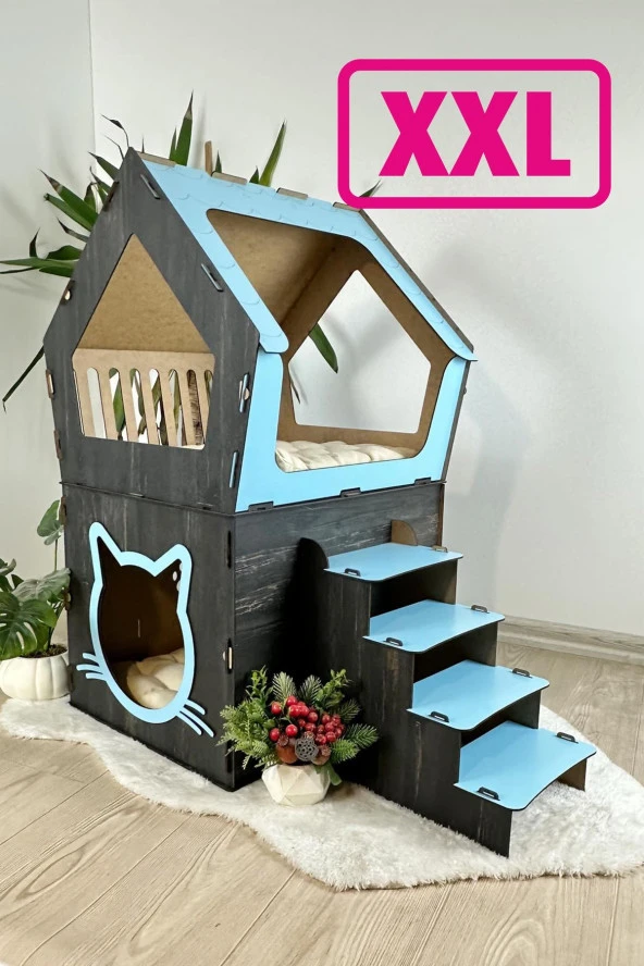 Mavitrend Ahşap Büyük Kedi Evi XXL Açık Teraslı Model 5 Kg Üstü Kediler İçin Mavi - Siyah Renk