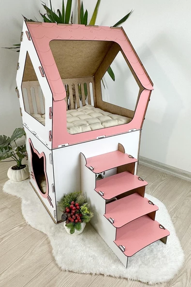 Mavitrend Ahşap Büyük Kedi Evi XXL Açık Teraslı Model 5 Kg Üstü Kediler İçin Pembe - Beyaz Renk - 5