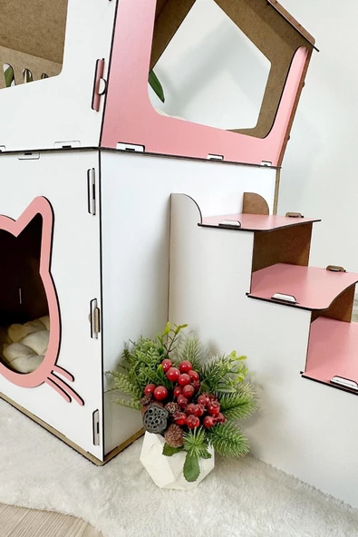 Mavitrend Ahşap Büyük Kedi Evi XXL Açık Teraslı Model 5 Kg Üstü Kediler İçin Pembe - Beyaz Renk - 7