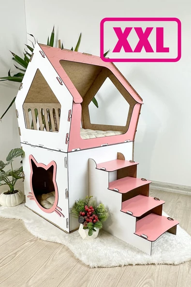 Mavitrend Ahşap Büyük Kedi Evi XXL Açık Teraslı Model 5 Kg Üstü Kediler İçin Pembe - Beyaz Renk - 2