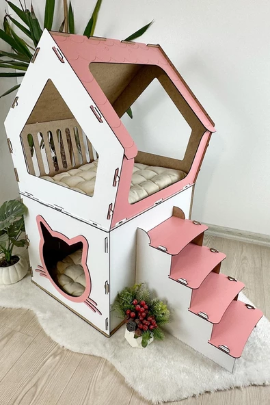 Mavitrend Ahşap Büyük Kedi Evi XXL Açık Teraslı Model 5 Kg Üstü Kediler İçin Pembe - Beyaz Renk - 3