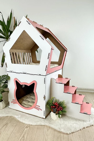 Mavitrend Ahşap Büyük Kedi Evi XXL Açık Teraslı Model 5 Kg Üstü Kediler İçin Pembe - Beyaz Renk - 4