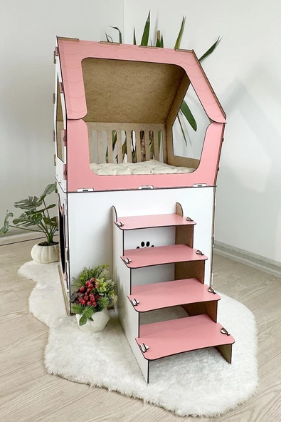Mavitrend Ahşap Büyük Kedi Evi XXL Açık Teraslı Model 5 Kg Üstü Kediler İçin Pembe - Beyaz Renk - 6