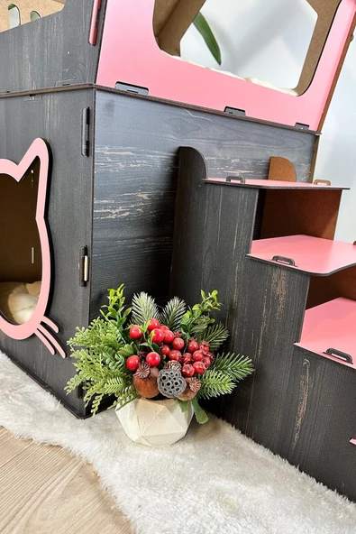 Mavitrend Ahşap Büyük Kedi Evi XXL Açık Teraslı Model 5 Kg Üstü Kediler İçin Pembe - Siyah Renk - 6