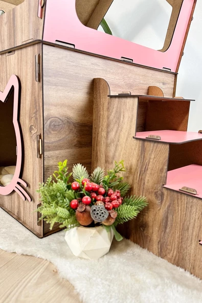Mavitrend Ahşap Büyük Kedi Evi XXL Açık Teraslı Model 5 Kg Üstü Kediler İçin Kahve- Pembe Renk - 6
