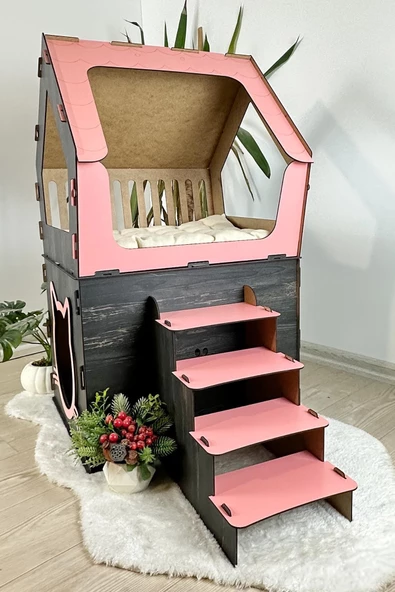 Mavitrend Ahşap Büyük Kedi Evi XXL Açık Teraslı Model 5 Kg Üstü Kediler İçin Pembe - Siyah Renk - 5