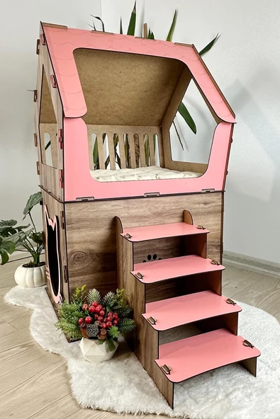 Mavitrend Ahşap Büyük Kedi Evi XXL Açık Teraslı Model 5 Kg Üstü Kediler İçin Kahve- Pembe Renk - 5