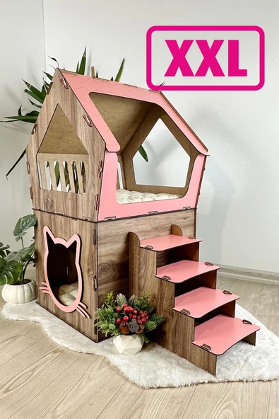 Mavitrend Ahşap Büyük Kedi Evi XXL Açık Teraslı Model 5 Kg Üstü Kediler İçin Kahve- Pembe Renk - 2