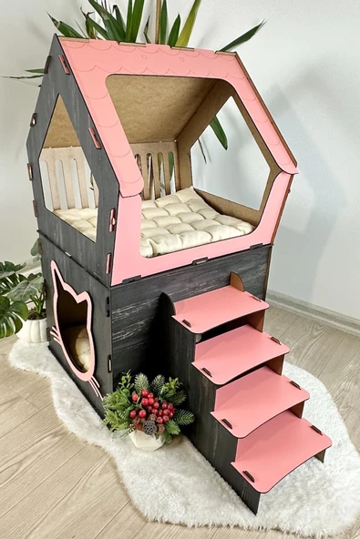 Mavitrend Ahşap Büyük Kedi Evi XXL Açık Teraslı Model 5 Kg Üstü Kediler İçin Pembe - Siyah Renk - 4