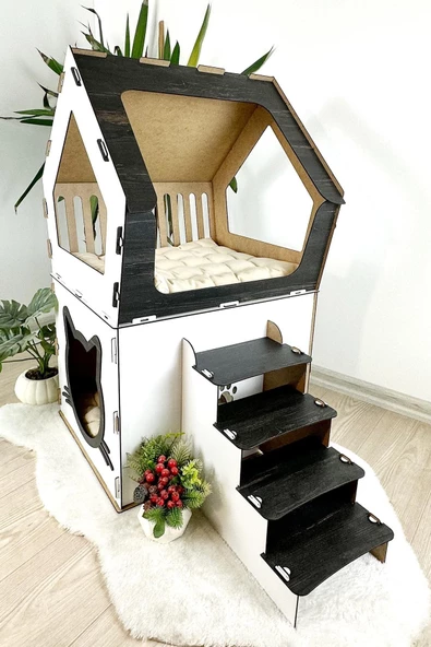 Mavitrend Ahşap Büyük Kedi Evi XXL Açık Teraslı Model 5 Kg Üstü Kediler İçin Beyaz- Siyah Renk - 5