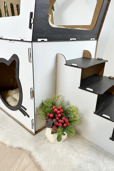 Mavitrend Ahşap Büyük Kedi Evi XXL Açık Teraslı Model 5 Kg Üstü Kediler İçin Beyaz- Siyah Renk - 7