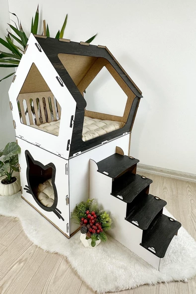 Mavitrend Ahşap Büyük Kedi Evi XXL Açık Teraslı Model 5 Kg Üstü Kediler İçin Beyaz- Siyah Renk - 3