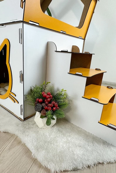 Mavitrend Ahşap Büyük Kedi Evi XXL Açık Teraslı Model 5 Kg Üstü Kediler İçin Beyaz- Sarı Renk - 6